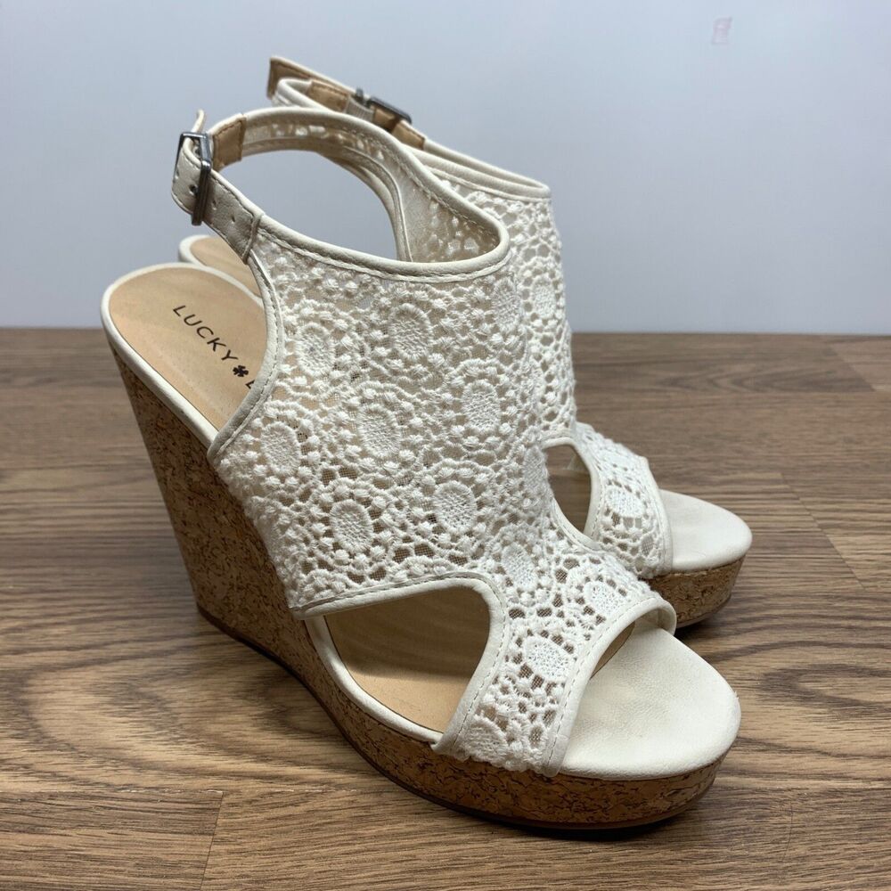 Lucky Brand Raziah Women's 8 Cork‎ Wedge Heels Slingback White Lace Buckle Strap